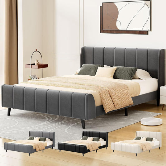 ALFORDSON Bed Frame Base Double Size with Headboard, Bed Platform Foundation with Velvet Fabric Upholstered for Mattress Topper, HUNDOLF Series Velvet Grey
