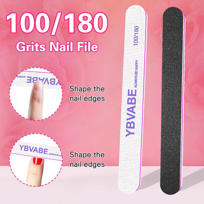 YBVABE Nail Polish Remover Kit - Complete Nail Care Solution for Fingernails & Toenails - Includes Professional Nail Clips - Nail Cotton Pads - Nail File Grits 100/180 - Cuticle Pusher & Nail Brush