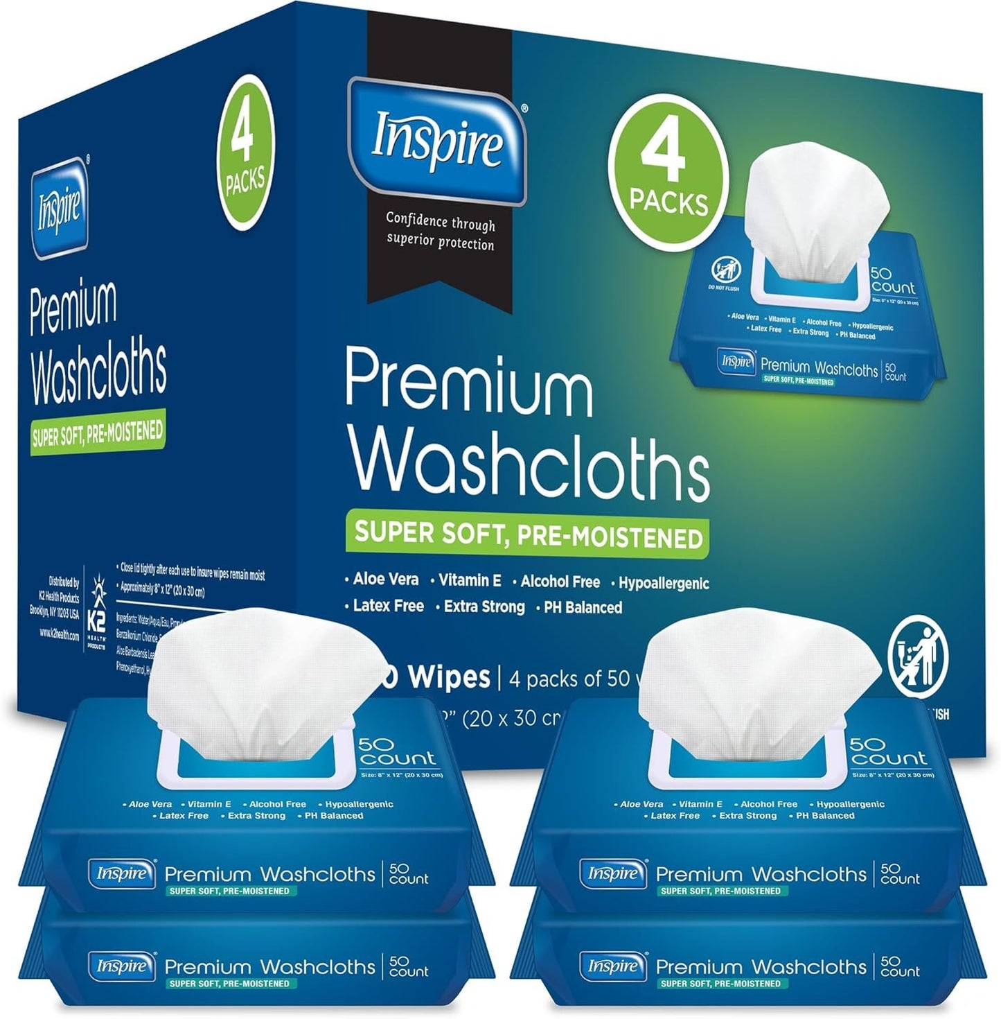 Inspire Adult Wet Wipes, Adult Wash Cloths, Adult Wipes for Incontinence & Cleansing for Elderly, 8"x12" (200 count)