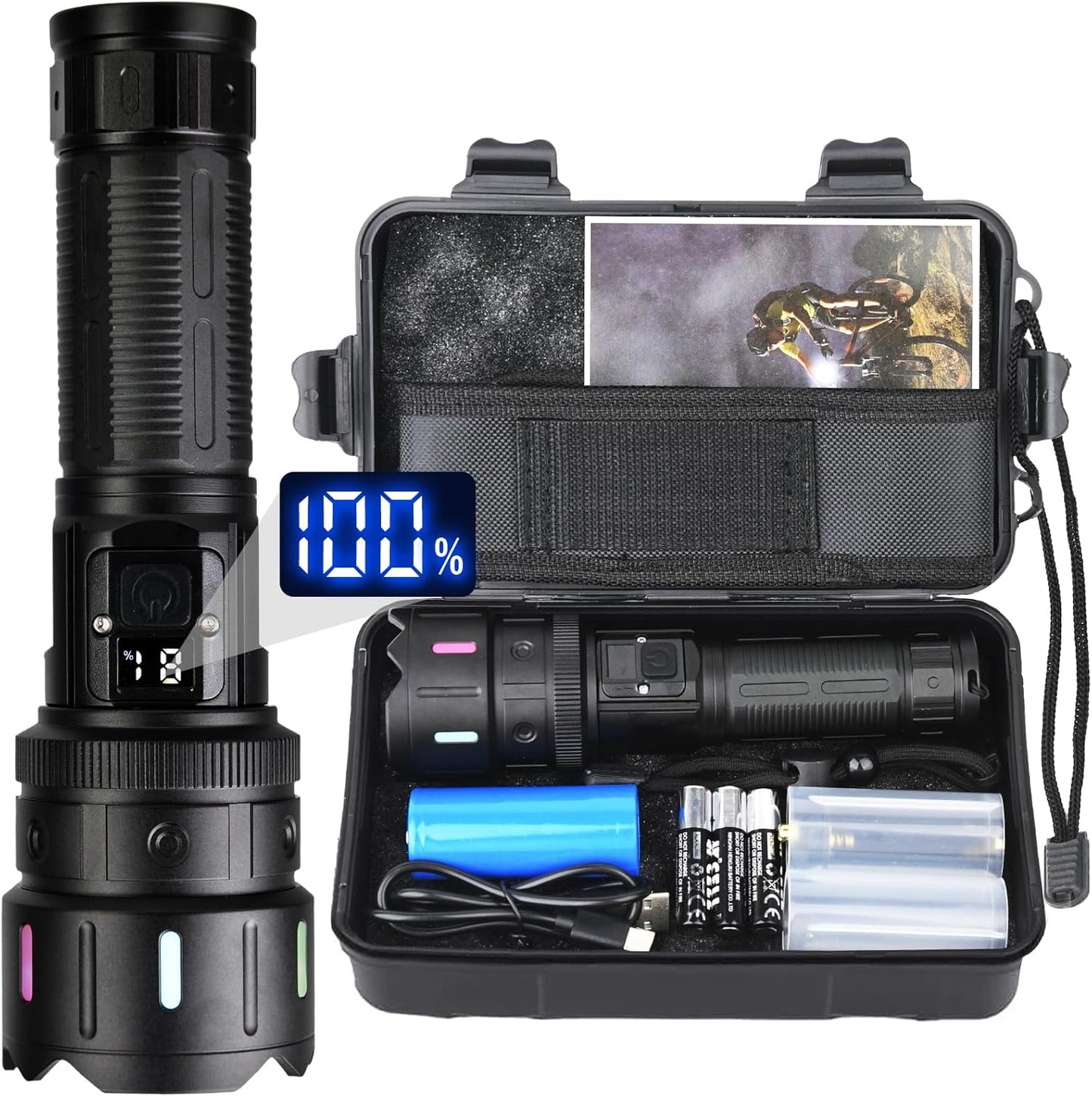 LED Torch Rechargeable Torch with High Lumens, 30000 Lumen XHP70.2 Super Bright Torch, High Powered Torches, Powerful Handheld Tactical Flashlight for Emergency Camping Hiking Gift