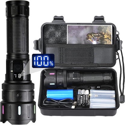 LED Torch Rechargeable Torch with High Lumens, 30000 Lumen XHP70.2 Super Bright Torch, High Powered Torches, Powerful Handheld Tactical Flashlight for Emergency Camping Hiking Gift