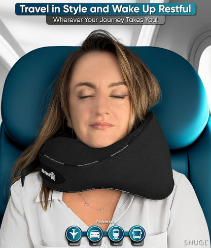 SNUGL Travel Pillow - Memory Foam Neck Cushion - Flight Pillow | Support Neck Pillow for Travel | Travel Neck Pillow for Airplane with Carry Bag & Clip | Flying Travel Essentials (Black - Small)