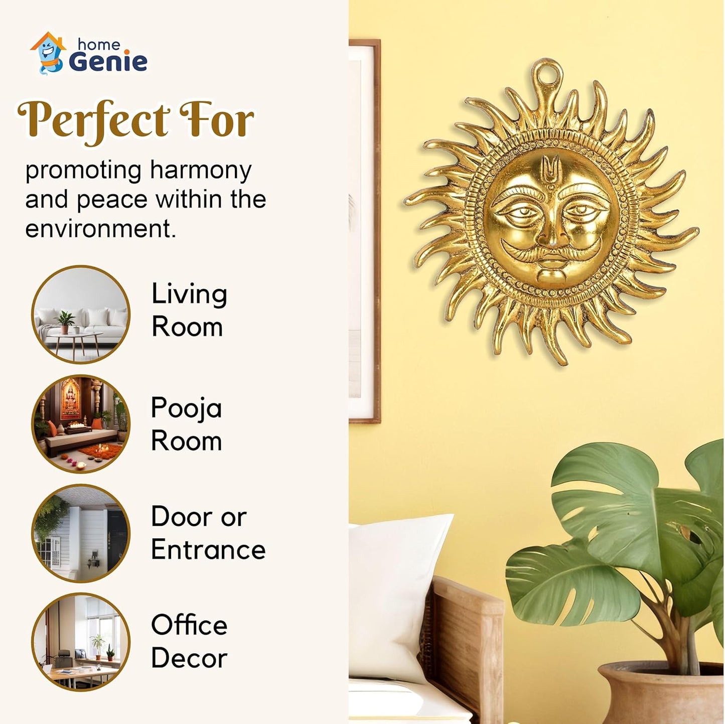Home Genie "Brass Surya Wall Hanging | Sun God Wall Decor for Home & Office | Positive Energy & Vastu Correction