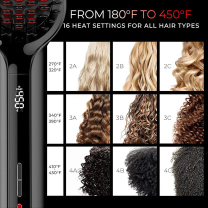 TYMO Hair Straightener Brush - Upgraded Ionic Plus Straightening Brush with Dense Bristles, 16 Temps, Dual Voltage | Ceramic Hot Comb for Women | Flat Iron for Thick Curly Hair, Black