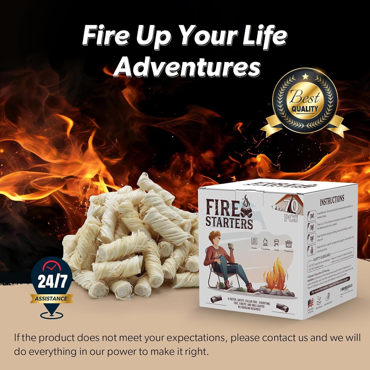 70 pcs Fire Starter, Natural Fire Starters for Fireplace Indoor, Campfires, Grill, Wood Stove, Fire Pit, Smoker, Chimney, Pizza Oven - All-Weather Indoor/Outdoor Charcoal Starters, Eco Friendly