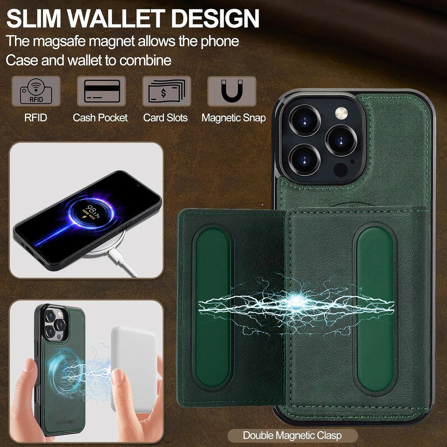GoshukunTech for iPhone 16 Pro Wallet Case with Card Holder,for iPhone 16 Pro Magnetic Case[Detachable Card Pocket] Leather Flip Cover[Support Magsafe or Wireless Charging]-Green