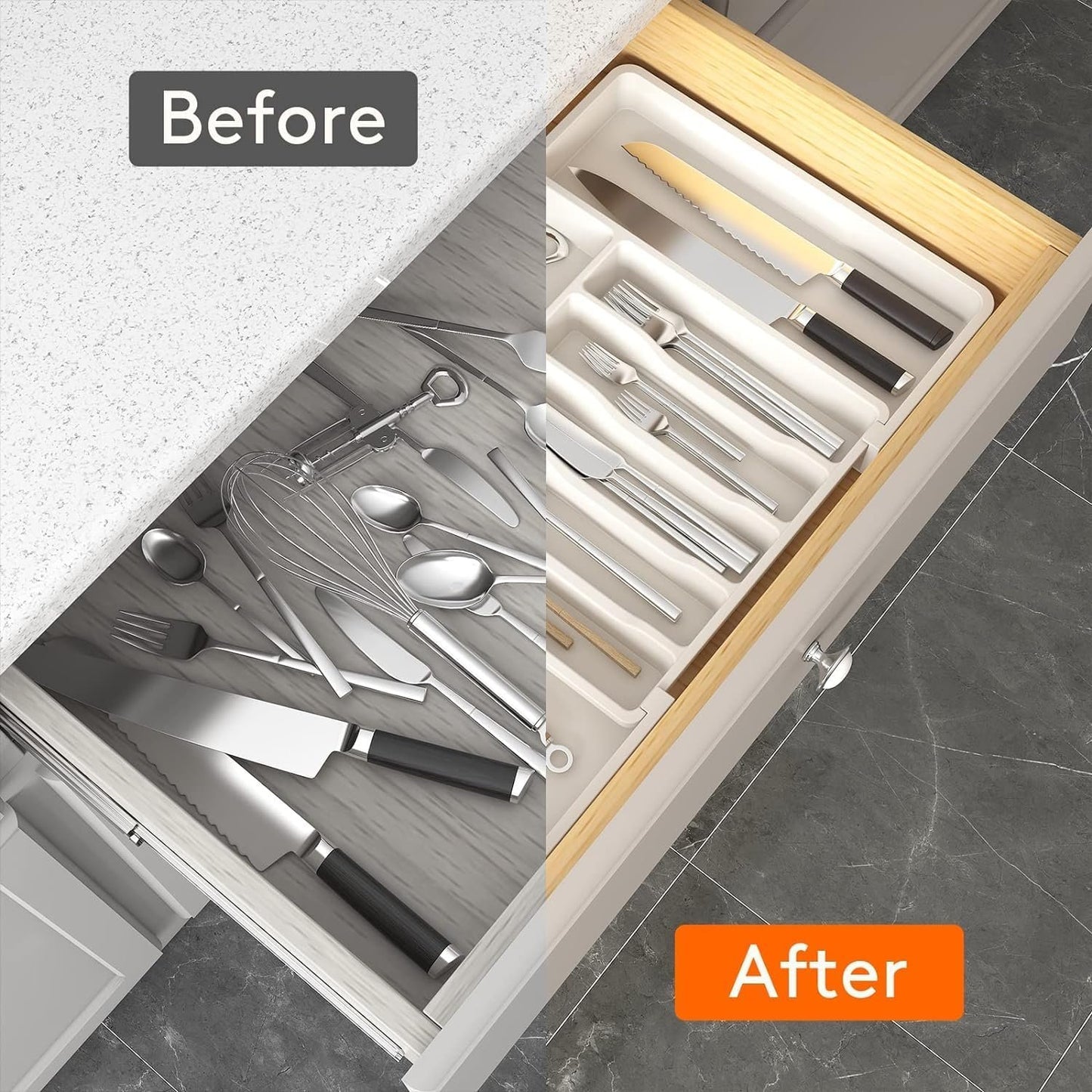 POLCANUR Cutlery Drawer Organizer, Expandable Utensil Tray for Kitchen, BPA Free Flatware and Silverware Holder, Adjustable Plastic Storage for Spoons Forks Knives,Organizers and Storage,Large-White