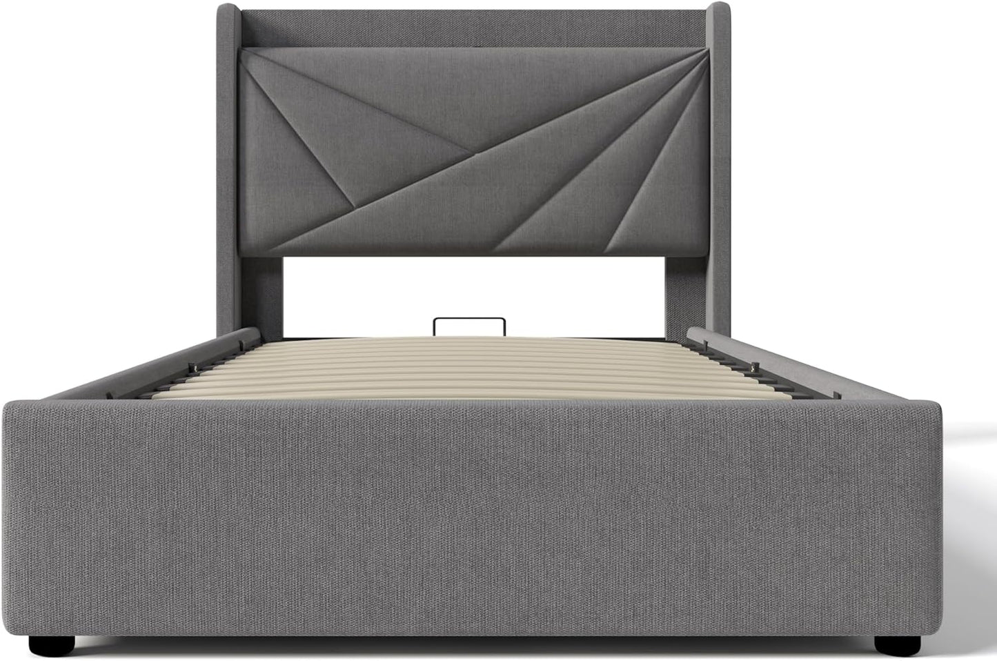 BNUZ Single Padded Bed, Bed Storage Box with USB Type C Charging Function, Headboard, Linen Material, 90 x 200 cm with Grid (No Mattress) (Grey, 90 x 200 cm)