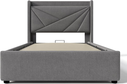 BNUZ Single Padded Bed, Bed Storage Box with USB Type C Charging Function, Headboard, Linen Material, 90 x 200 cm with Grid (No Mattress) (Grey, 90 x 200 cm)