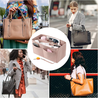 LITLANDSTAR Multi-Compartment Solid Color Felt Bag Large Capacity Makeup Bag Women Travel Large Makeup Organizer Toiletry bag Storage Pouch Handbag Tote, Khaki