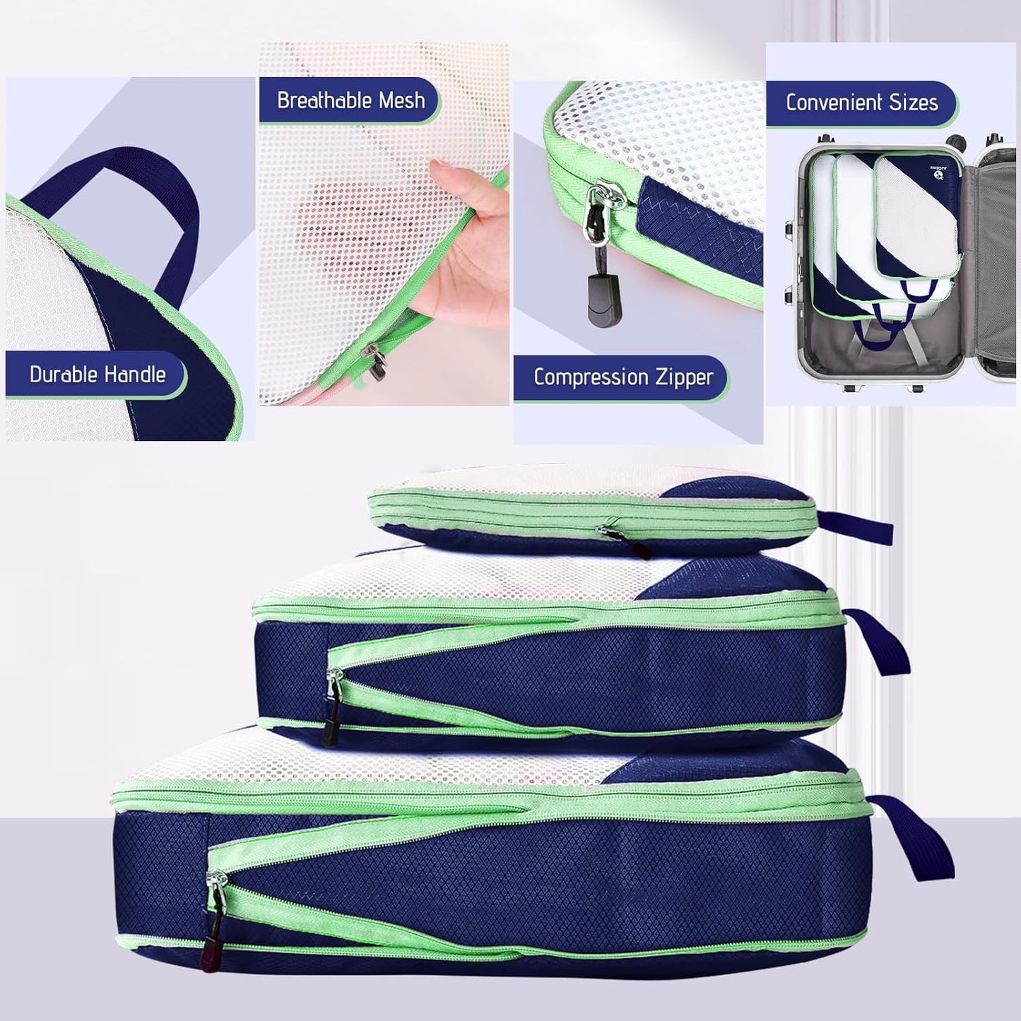 AiQInu 3 Piece Set Expandable Expandable Compression Packing Cube for Clothes, Shoes, Underwear Travel Set for Backpacks or Hand Luggage (Dark Blue)
