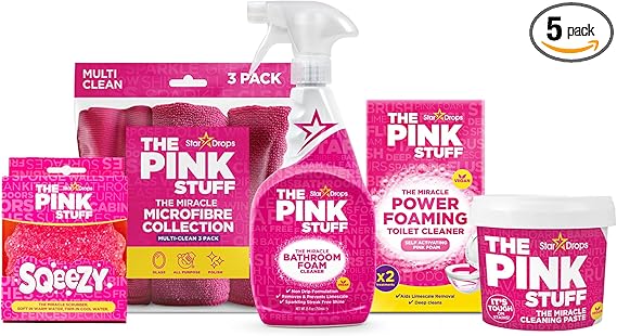 The Pink Stuff Bathroom Cleaning Kit – Cleaning Paste, Bathroom Foam Spray, Toilet Foaming Powder, SQeeZY Sponge & 3 Microfiber Cloths – Tough on Stains, Grease & Soap Scum – Deep Clean Essentials