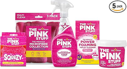 The Pink Stuff Bathroom Cleaning Kit – Cleaning Paste, Bathroom Foam Spray, Toilet Foaming Powder, SQeeZY Sponge & 3 Microfiber Cloths – Tough on Stains, Grease & Soap Scum – Deep Clean Essentials