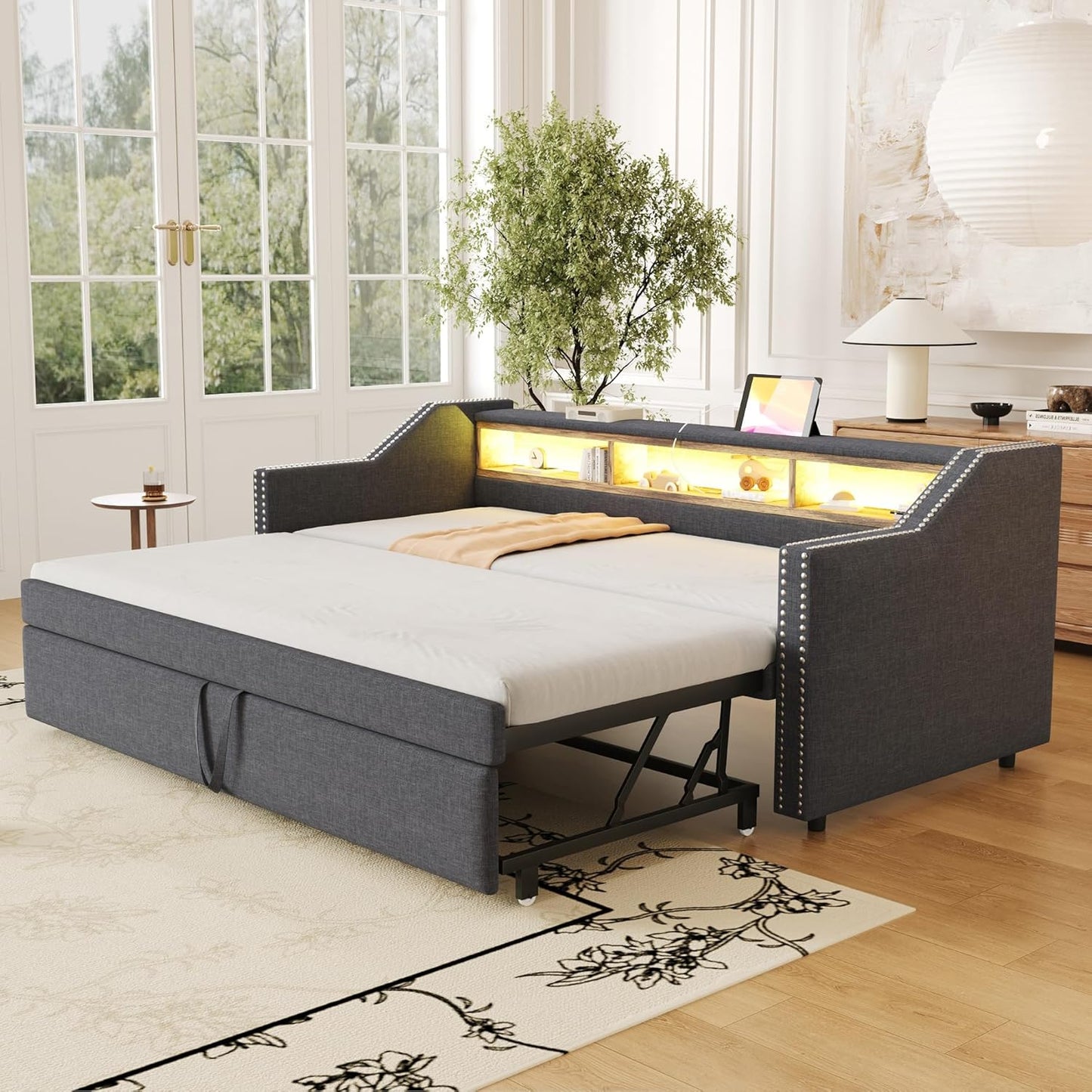 Lubvtti Trundle Sofa Bed 90/180 x 190 cm with Multi-Function Storage Box with LED Lighting and USB Socket, Dark Grey (Mattress Not Included)
