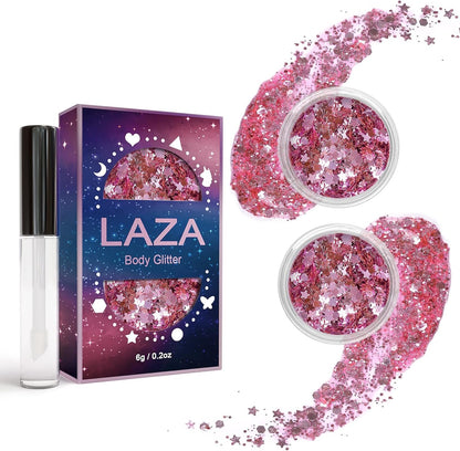 Laza Body Glitter, 2 Jars Holographic Chunky Sequins with Glitter Glue for Women Girls Eyeshadow Makeup Face Paint Festival Rave Outfits Hair Concert Accessories Carnival Party Costumes - Pink