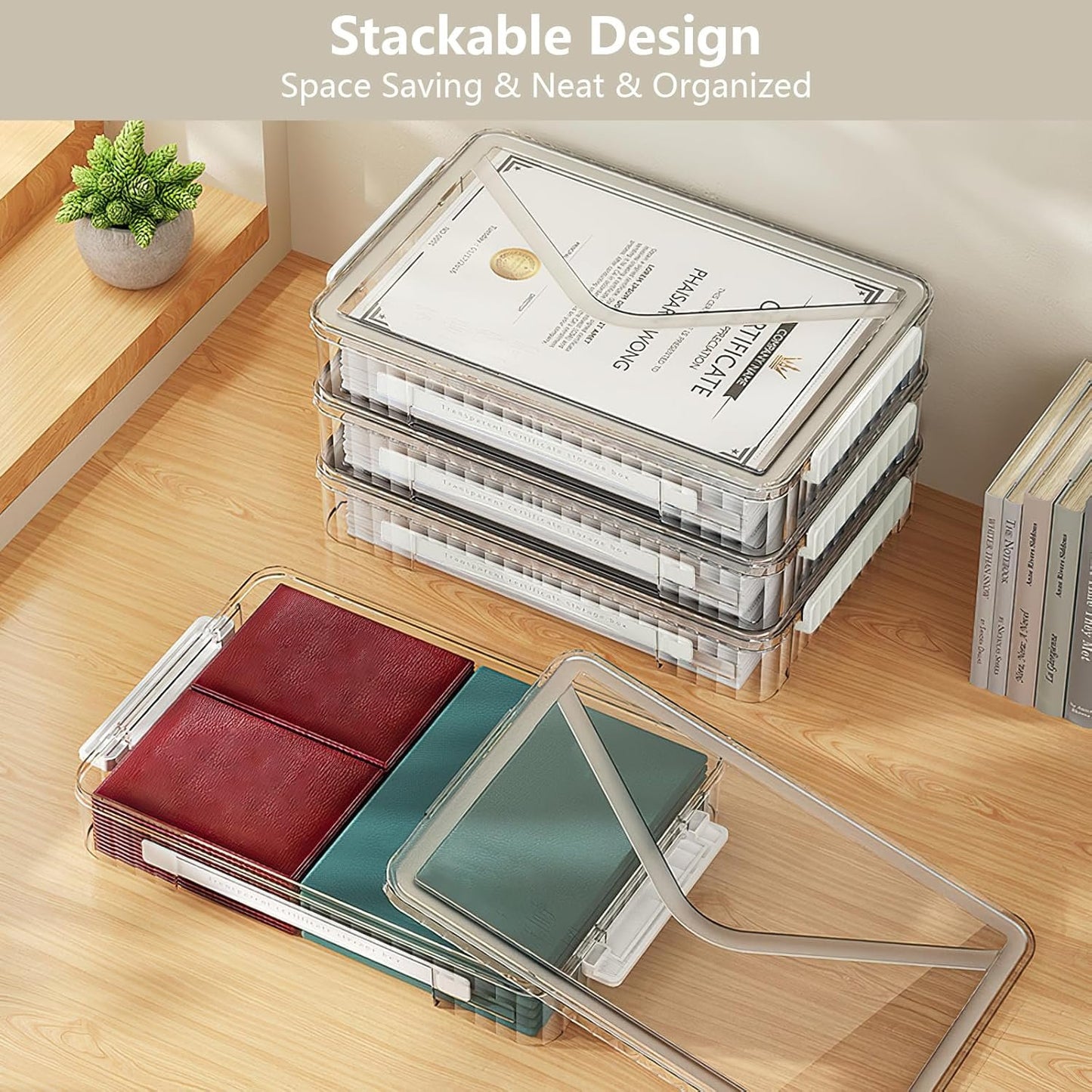 SAYEEC Plastic Storage Box Clear Stackable Storage Bins with Lids and Handle Large Capacity Storage Containers File Protector Case Organizer Portable Project Case for A4 Paper Photo Scrapbook Document