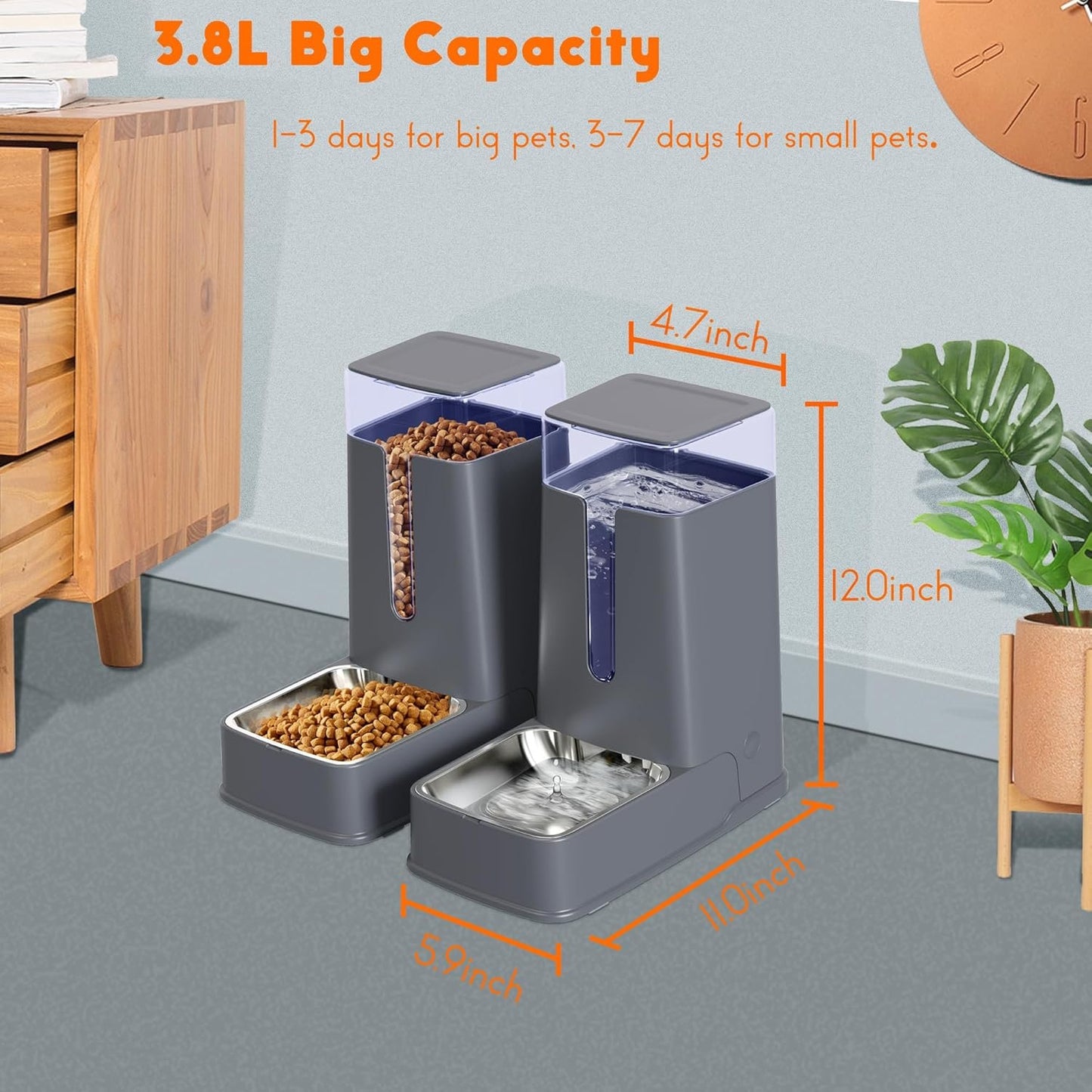 2 Pack Stainless Steel Automatic Cat Feeders- Dog Water Bowl Dispenser and Dog Food Bowls Set Dog Feeding & Watering Supplies for Small Medium Big Pets Cat Bowls for Food and Water 1 Gallon