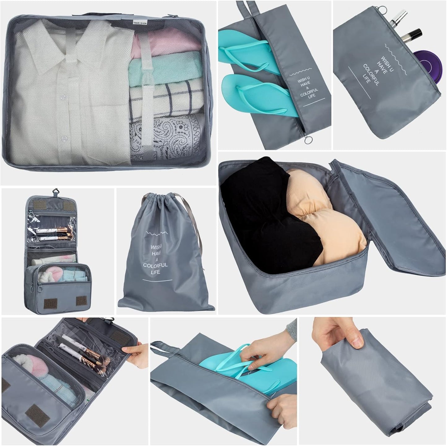 11 Pieces Travel Organizer Suitcase Set, Packing Cubes, Travel Organizer for Space-Saving Suitcases for Clothes Shoes Underwear Cosmetics (Grey)