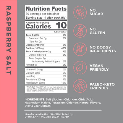 LMNT Zero Sugar Electrolytes - Raspberry Salt | Drink Mix | 30-Count