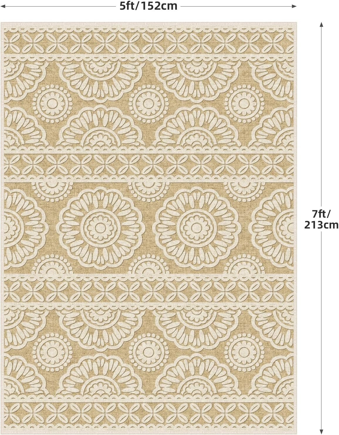Washable Rugs 5x7 for Living Room Bedroom Under Bed, Tan Boho Aesthetic Floral Print Area Rug for Dining Room Office Kids Nursery Playroom, Farmhouse Distressed Carpet Home Decor, 5x7ft, Brown Cream
