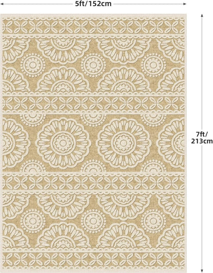 Washable Rugs 5x7 for Living Room Bedroom Under Bed, Tan Boho Aesthetic Floral Print Area Rug for Dining Room Office Kids Nursery Playroom, Farmhouse Distressed Carpet Home Decor, 5x7ft, Brown Cream