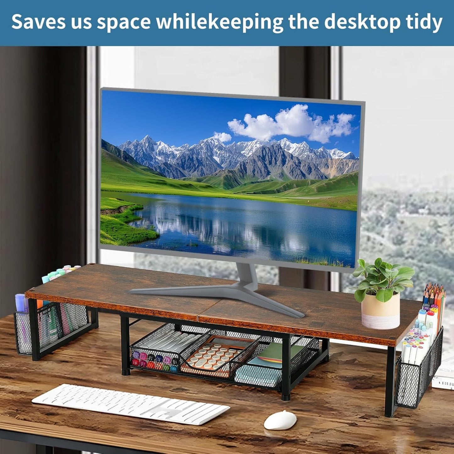 OPNICE Desk Dual Monitor Stand Riser - Desk Organizer with Drawer and Pen Holders, Office Desk Accessories & Workspace Organizers, Office Organization Computer Monitor Stand for Laptop, Printer, TV,