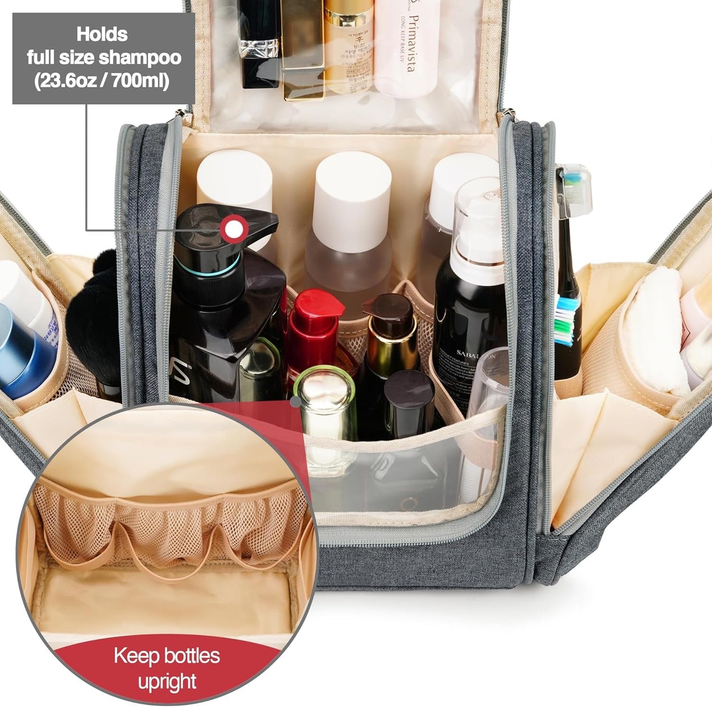Extra Large Hanging Travel Toiletry Bag for Women and Men, Hygiene Bag, Bathroom and Shower Organizer Kit with Elastic Band Holders for Toiletries, Cosmetics, Makeup, Brushes, Grey