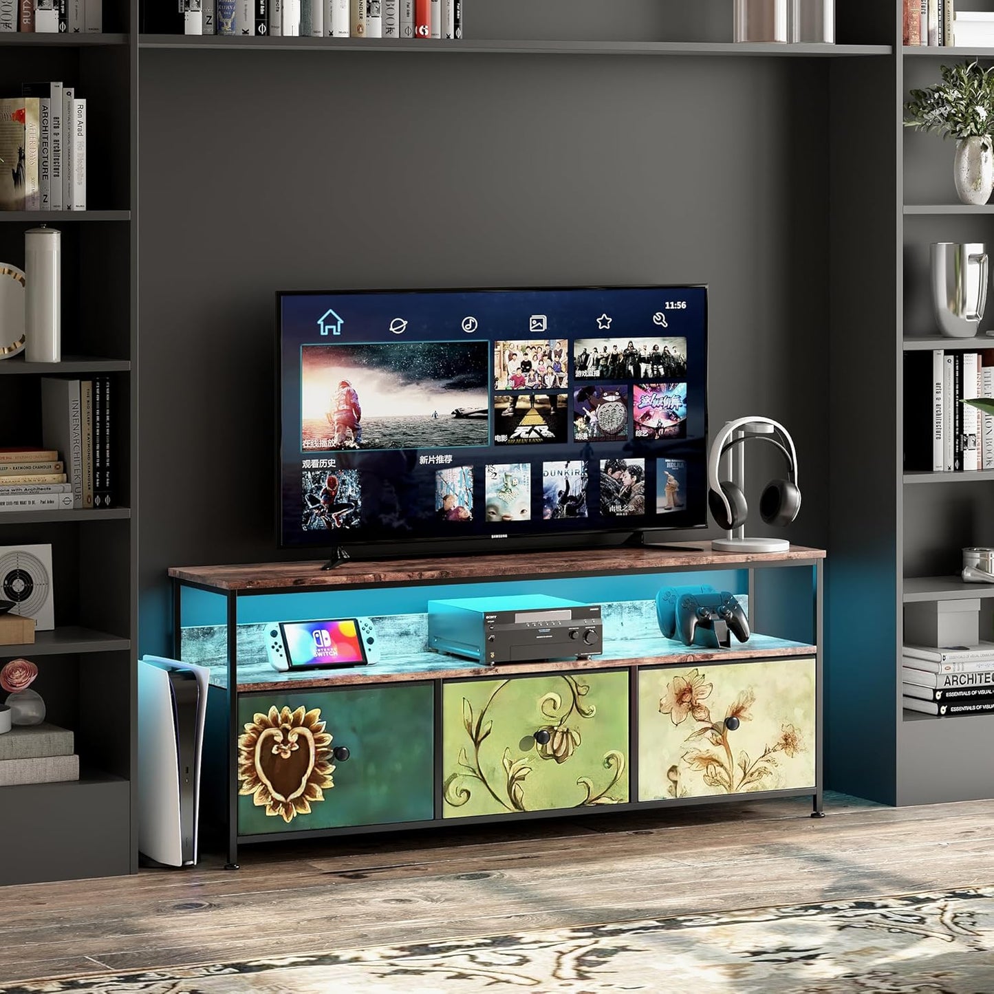 MISNODE TV Unit Unit with LED Lighting and Fabric Drawers and Shelves TV Cabinet Low for Living Room Bedroom (Colorful, Large, 3 Drawers)