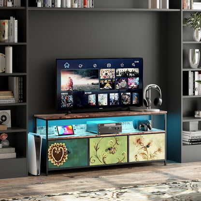 MISNODE TV Unit Unit with LED Lighting and Fabric Drawers and Shelves TV Cabinet Low for Living Room Bedroom (Colorful, Large, 3 Drawers)