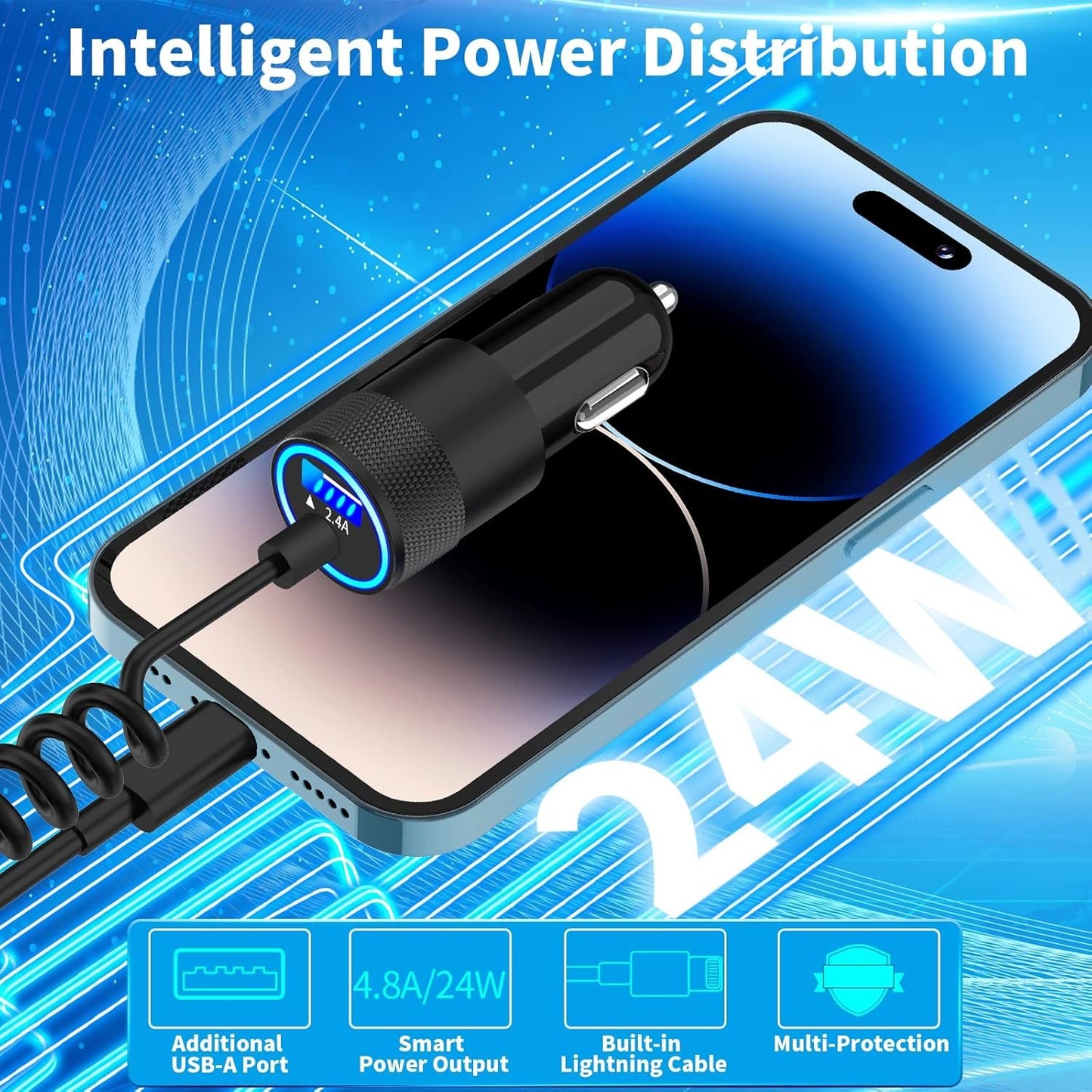 [Apple MFi Certified] iPhone Car Charger Fast Charging, Braveridge 4.8A Dual USB Power Cigarette Lighter Car Charger Adapter with 6FT Lightning Coiled Cable for iPhone 14 13 12 11 Pro/XS/XR/SE/X/iPad