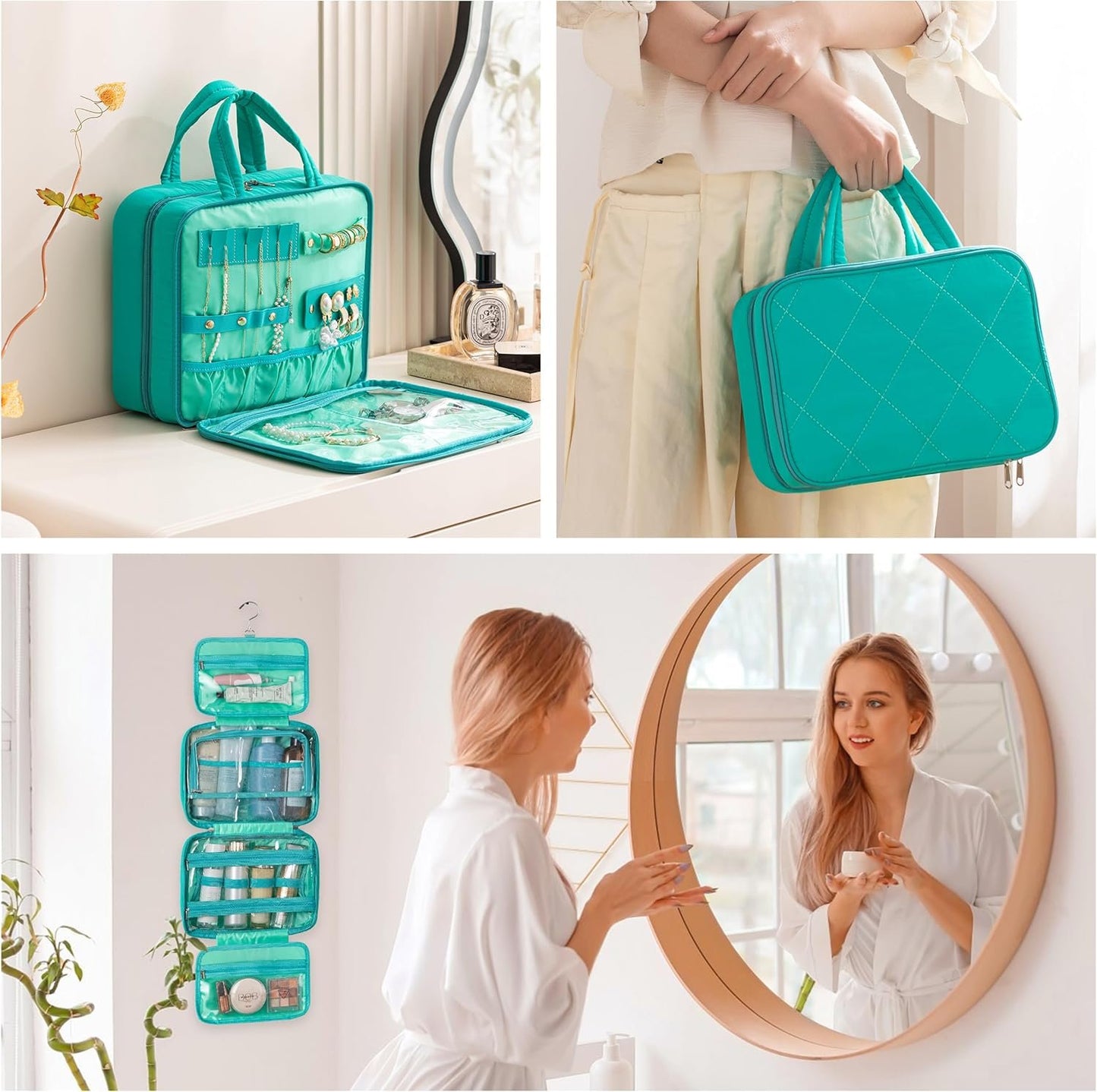 HBlife Travel Toiletry Bag with Jewelry Organizer for Women, Puffy Hanging Travel Bag for Toiletries with Trolley Belt, Waterproof Makeup Cosmetic Bag, Carry-on Travel Accessories Essentials(Teal, M)