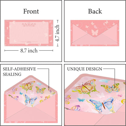 Watercolor Butterfly Stationery Paper (Lined Single Side) 48 Pieces and Self-Sealing Envelopes 24 PC Set, 27 lb Heavy Weight, Pink Letter Writing Stationary 11" x 8.5" with Letterhead