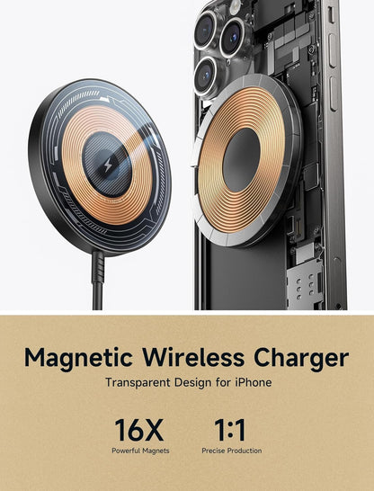 JSAUX Magnetic Wireless Charger Compatible with MagSafe Charger for iPhone 16 Pro/Max/Plus, iPhone 15/14/13/12/Pro/Max/Plus/Mini, Wireless Charging Dock, Mag Charger (Black)