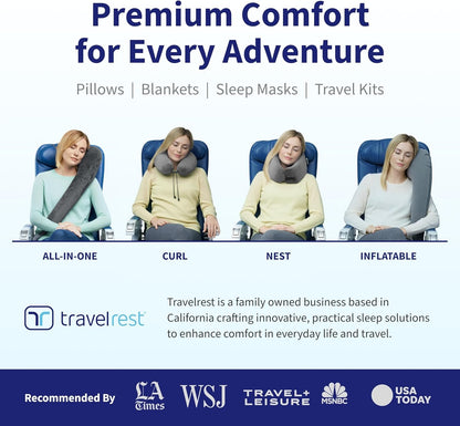 TRAVELREST Nest Memory Foam Travel Neck Pillow, Advanced Support for Long Flights, Patented Design, Optimal Relaxation, Compact, Ergonomic, Washable, On-The-Go, Attaches to Luggage - Gray