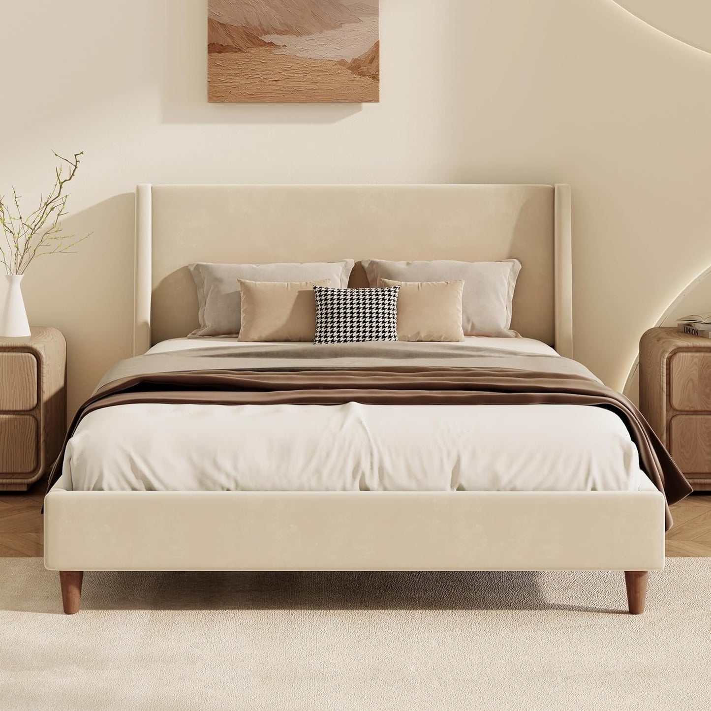 GDFStudio Modern Cream Velvet Upholstered Platform Bed with Wingback Headboard, Walnut Wooden Legs, No Box Spring Needed, Soft Touch Fabric, Solid Frame, Queen Size