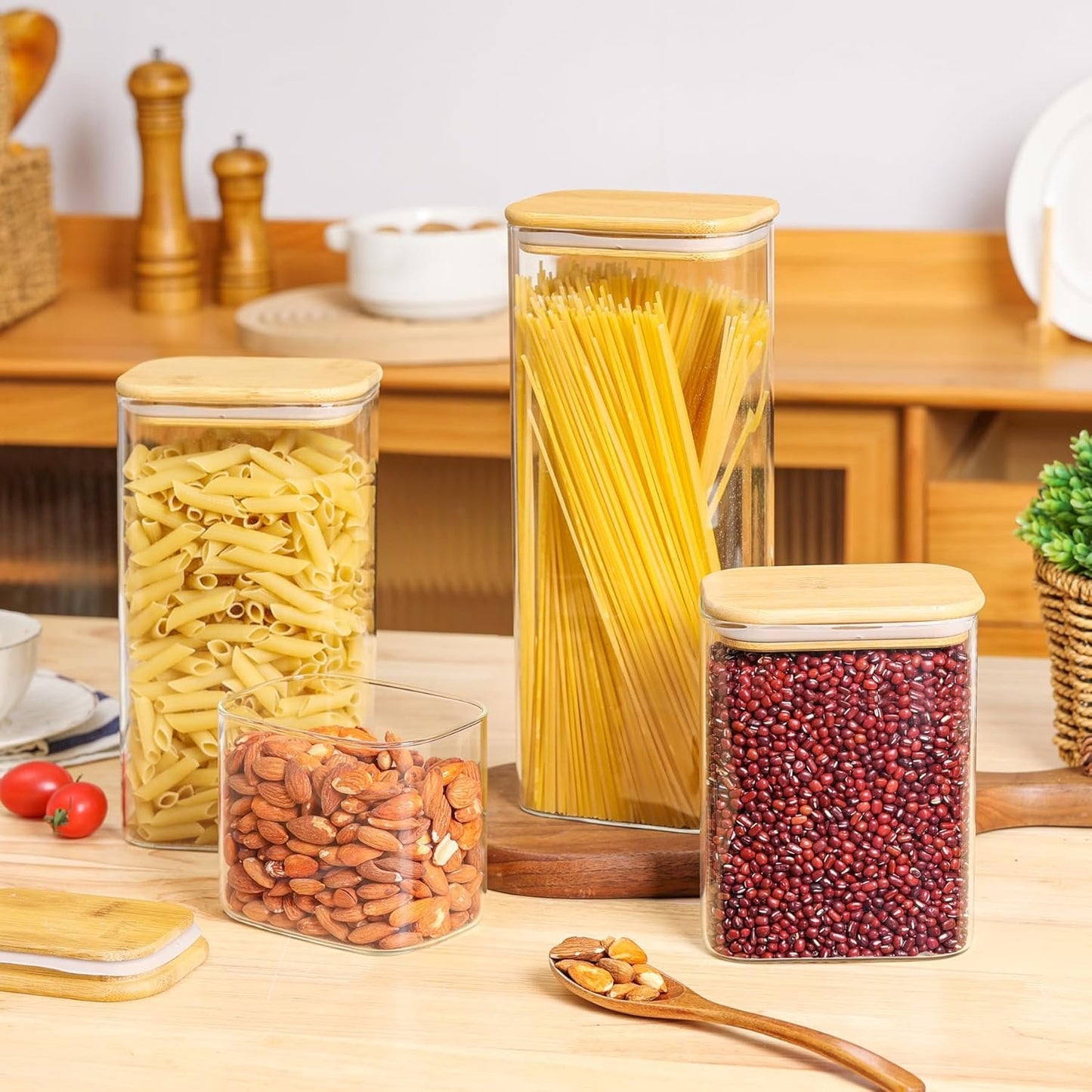 ComSaf 71oz Rectangle Glass Storage Containers with Lids, Glass Jars with Bamboo Lids, Clear Food Storage Jar, Tall Spaghetti Container, Pantry Storage Container for Pasta Flour Oats Nuts Rice