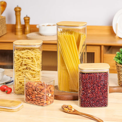 ComSaf 71oz Rectangle Glass Storage Containers with Lids, Glass Jars with Bamboo Lids, Clear Food Storage Jar, Tall Spaghetti Container, Pantry Storage Container for Pasta Flour Oats Nuts Rice