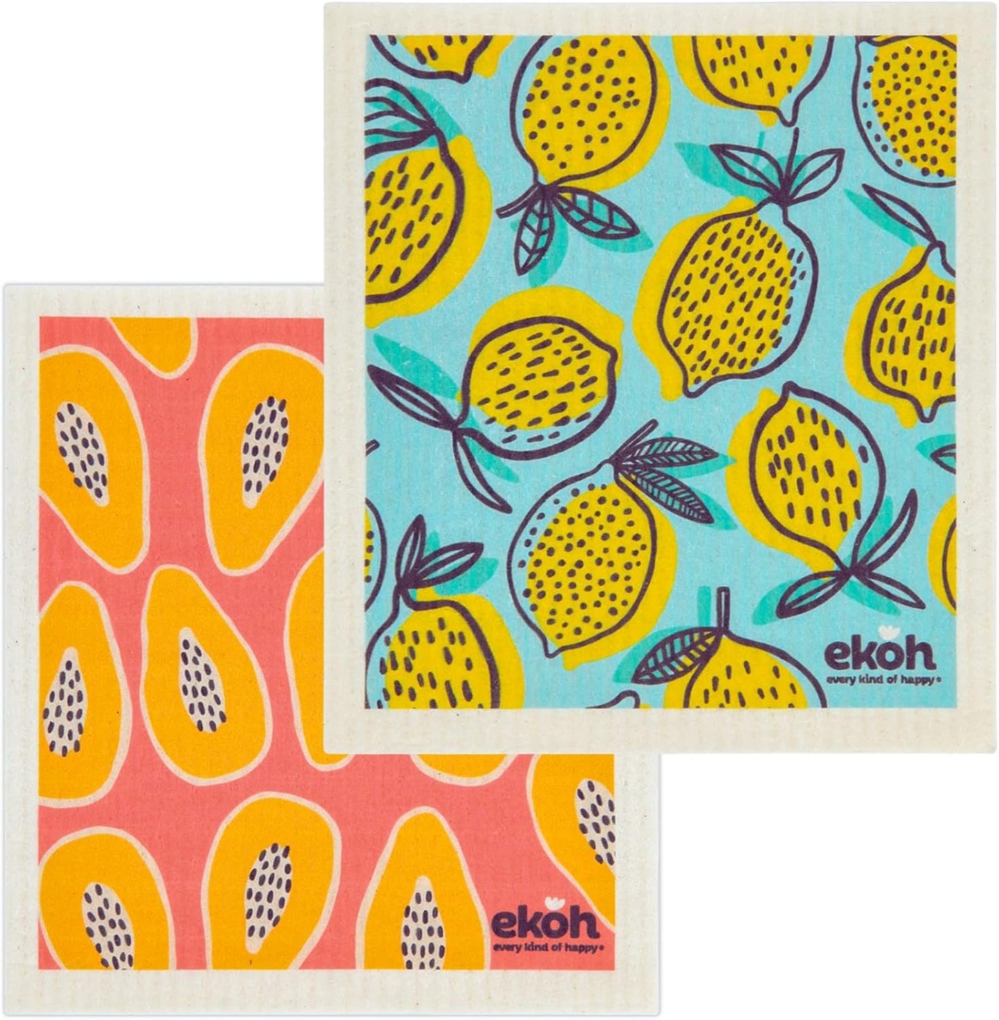 EKOH Swedish Dishcloths for Cleaning Kitchen & Home - Pack of 2 Prints - Eco Sponge Cloths Zero Waste Dish Towels - Plastic Free Reusable Wipes- Gift Set of 2 Cleaning Cloths (Orange Blue Lemons, Papaya Lemon Fruit)