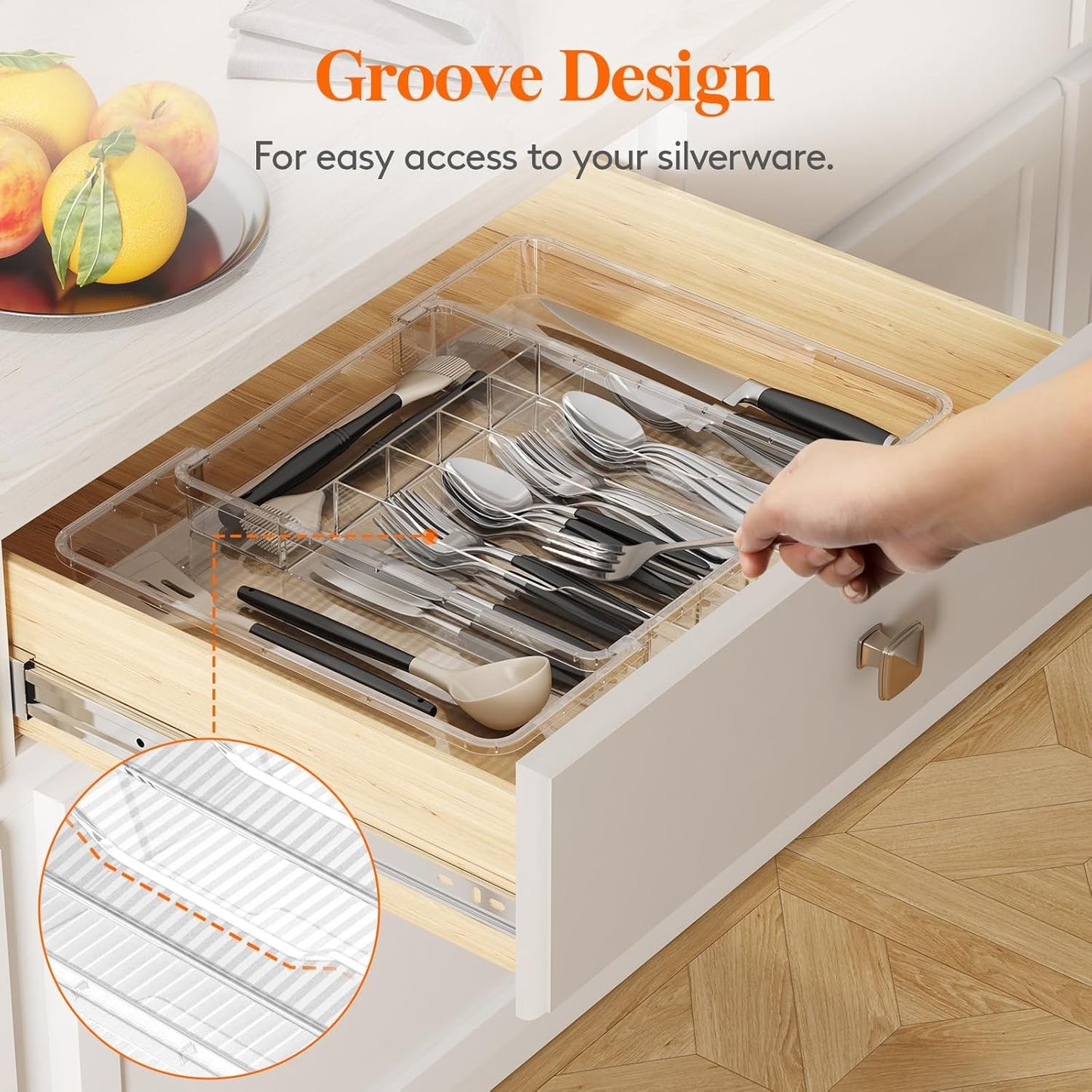 Lifewit Silverware Organizer for Kitchen Drawer, Clear Expandable Utensil Tray for Spoons Forks Knives, Adjustable Flatware Cutlery Holder Storage, Large