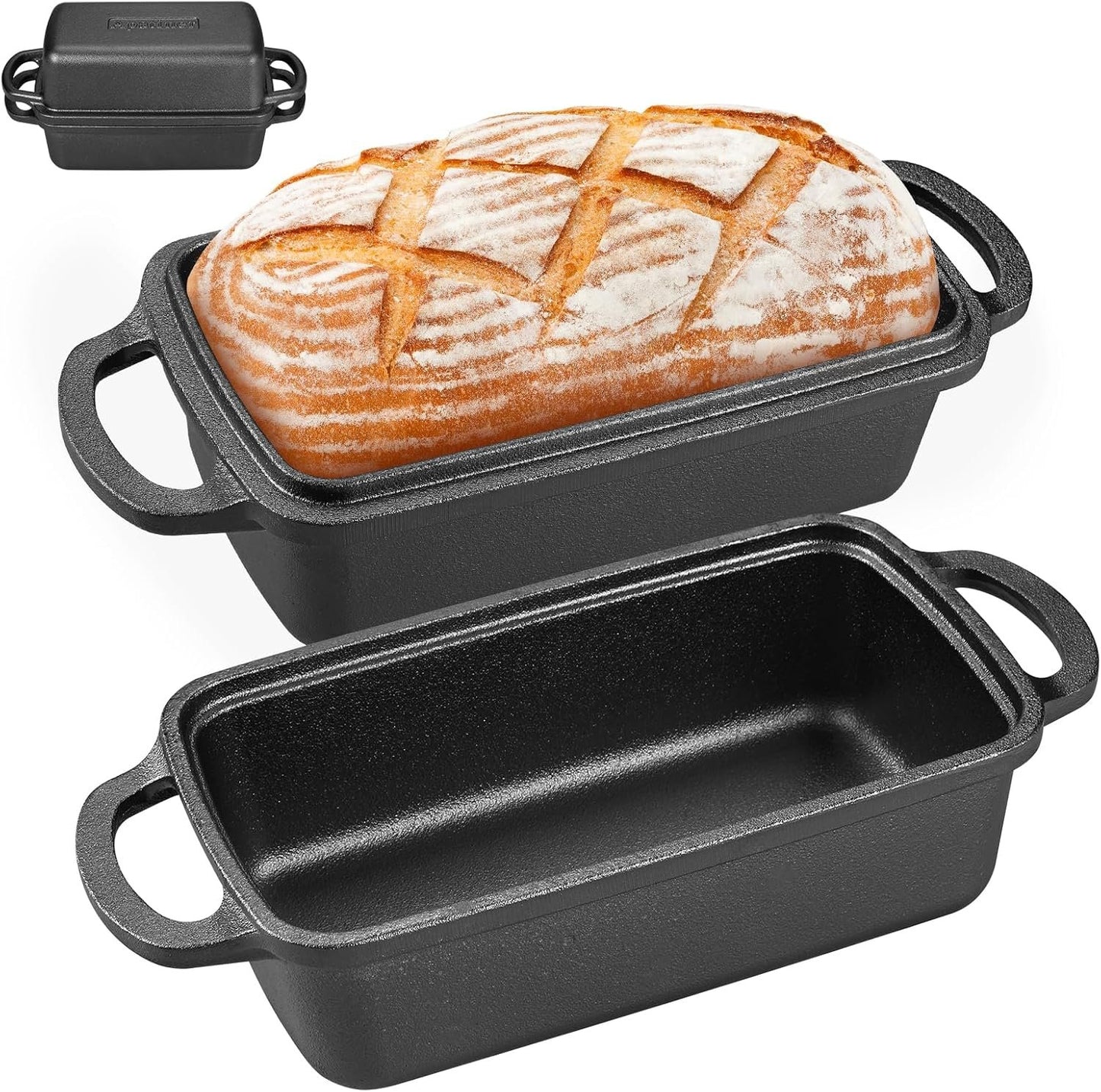 Apatiner 2 in 1 Cast Iron Bread Pan with Lid, Durable Loaf Pans for Baking Homemade Sourdough and Meatloaf, Bread Oven Cast Iron Cookware, Set of 2