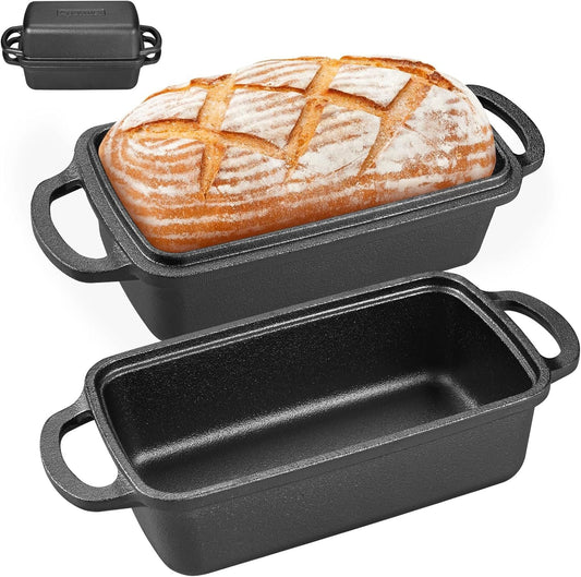 Apatiner 2 in 1 Cast Iron Bread Pan with Lid, Durable Loaf Pans for Baking Homemade Sourdough and Meatloaf, Bread Oven Cast Iron Cookware, Set of 2