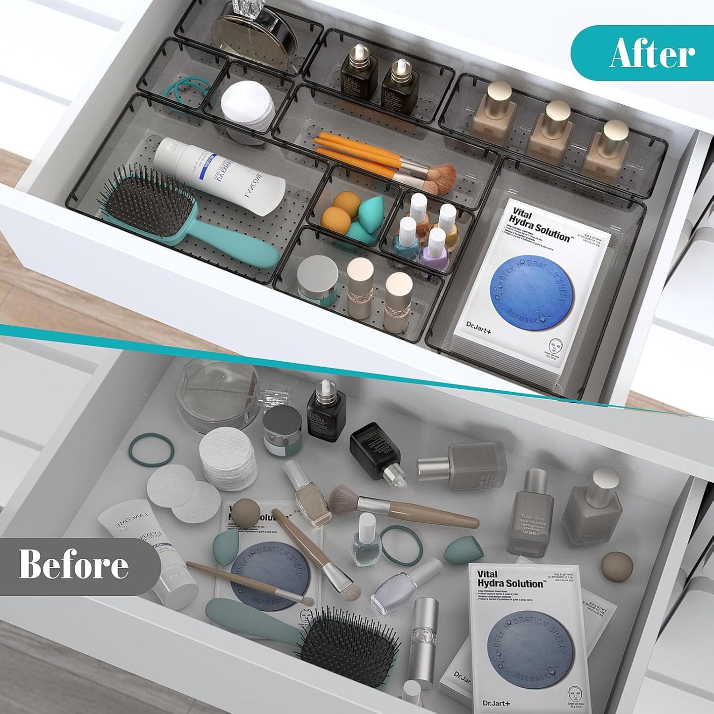 13 PCS Clear Plastic Drawer Organizers Set, 4 Size Desk Drawer Organizer Trays for Makeup, Jewelry, Kitchen Utensils, Gadgets and Office Accessories, Black