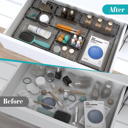 13 PCS Clear Plastic Drawer Organizers Set, 4 Size Desk Drawer Organizer Trays for Makeup, Jewelry, Kitchen Utensils, Gadgets and Office Accessories, Black