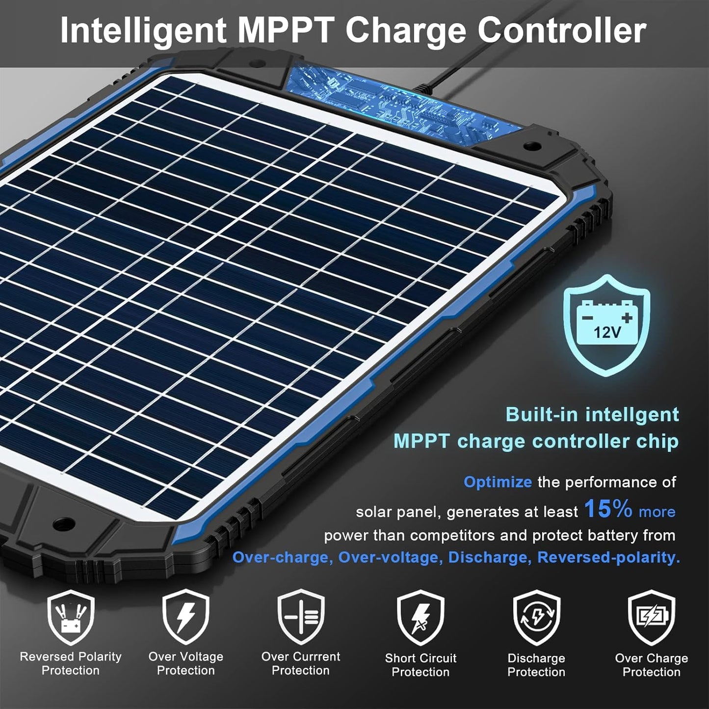 SUNER POWER Upgraded 12V Waterproof Solar Battery Charger & Maintainer Pro - Built-in Intelligent MPPT Charge Controller - 18W Solar Panel Trickle Charging Kit for Car, Marine, Motorcycle, RV, etc