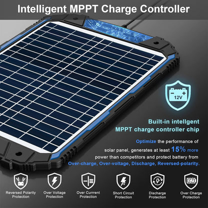 SUNER POWER Upgraded 12V Waterproof Solar Battery Charger & Maintainer Pro - Built-in Intelligent MPPT Charge Controller - 18W Solar Panel Trickle Charging Kit for Car, Marine, Motorcycle, RV, etc
