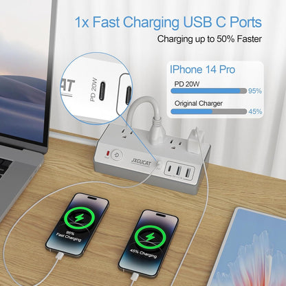 PD 20W USB C Desk Clamp Power Bar, JXGUCAT Removable Fast Charging Desktop Edge Power Strip Surge Protector, 10ft Extension Cord Flat Plug with 4 Outlet 4 USB Ports, Fit 1.8" Tabletop Edge