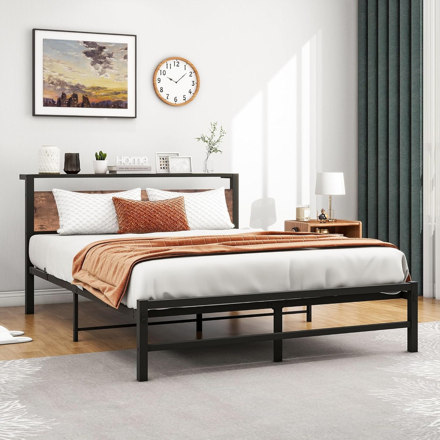 VERFARM Queen Bed Frame with Wood Storage Headboard, Metal Platform Bed Frame Queen Size No Box Spring Needed, Strong Slats Mattress Foundation, Non-Slip Noise Free, Easy Assembly