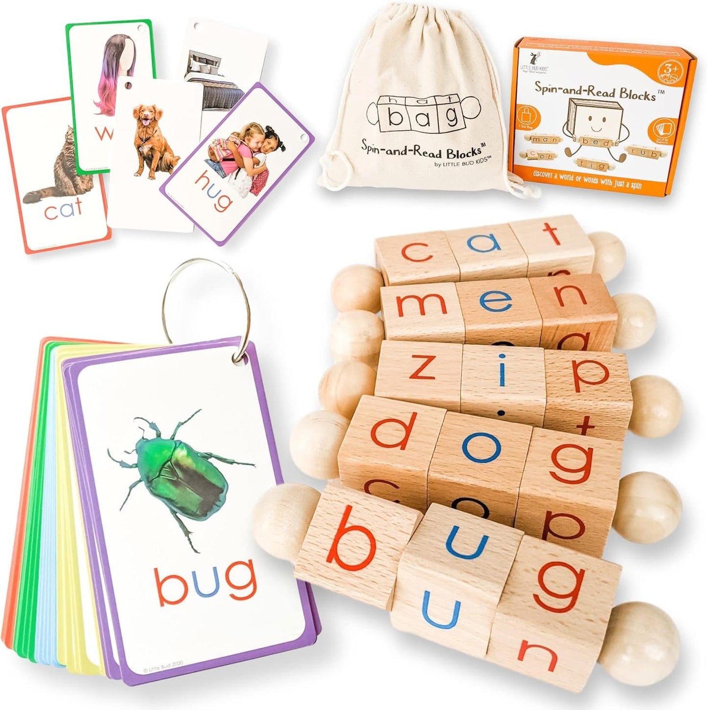 LITTLE BUD KIDS Spin-and-Read Phonics Toy, Rotating Wooden Reading Blocks with CVC Flash Cards, A Montessori Reading Learning Resources Toy for 3 4 5 6 Years Old