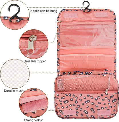 Travel Toiletry Bag, Hanging Toiletries Wash Bag Makeup Cosmetic Organizer Bags for Women Girls Kids Waterproof Foldable (Leopard Print)
