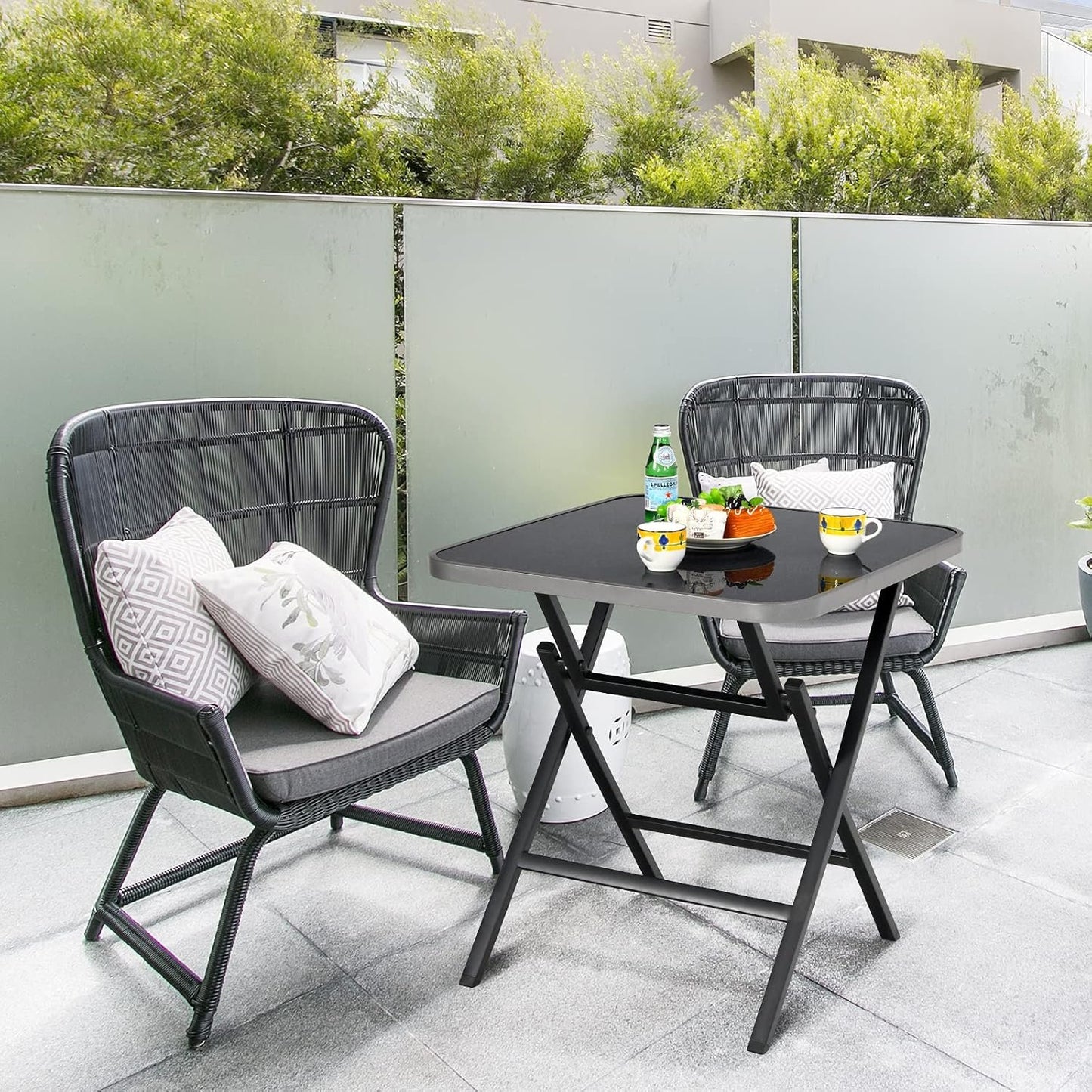 Tangkula Patio Folding Square Dining Table, 27.5” Rustproof Aluminum Coffee Table w/Tempered Glass Tabletop, Portable Indoor Outdoor Bistro Glass Table for Balcony Backyard Poolside (Black)